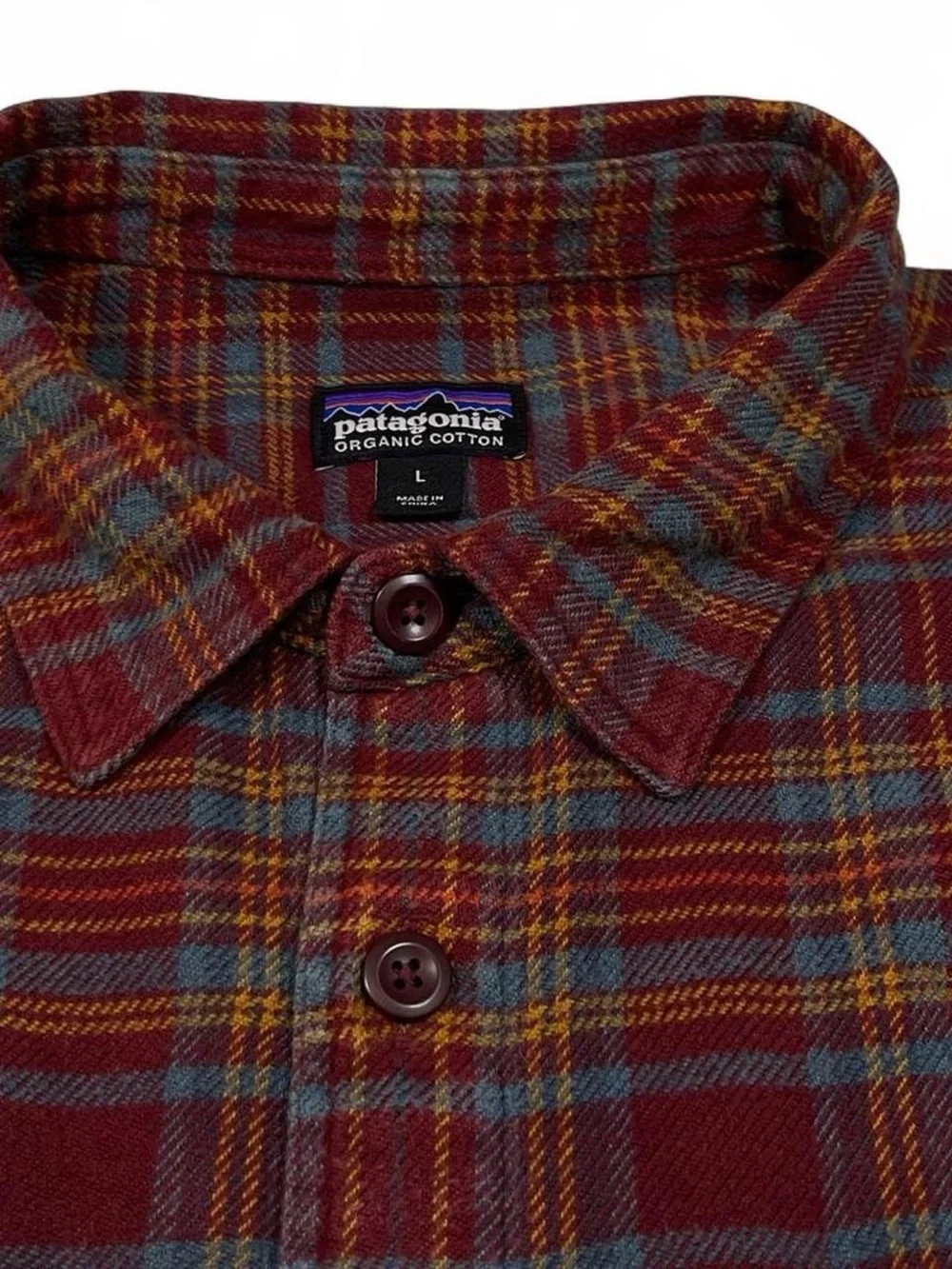Patagonia Organic Cotton Fjord Flannel Shirt Burgundy Plaid Men's Size Large